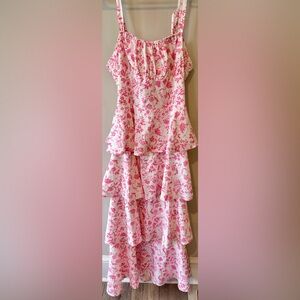 Wenrine Pink Floral Midi Dress Wedding Guest Bow Back Tiered Size L